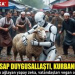 Bayrampaşa’da kurban kesim alanına getirilen otonom “Robot Kasap”, koyunun gözlerine bakınca duygusallaşıp bıçağı bıraktı ve vatandaşlara veganlık broşürü dağıtmaya başladı