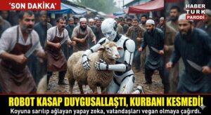 Bayrampaşa’da kurban kesim alanına getirilen otonom “Robot Kasap”, koyunun gözlerine bakınca duygusallaşıp bıçağı bıraktı ve vatandaşlara veganlık broşürü dağıtmaya başladı